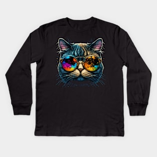 funny cat face with funky glasses Kids Long Sleeve T-Shirt